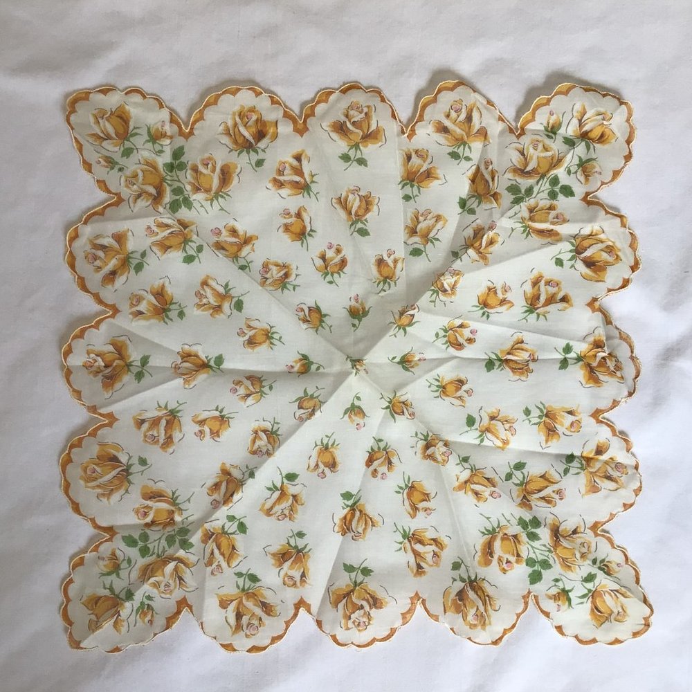 Vintage Gold Rose floral pattern handkerchief with scalloped edges